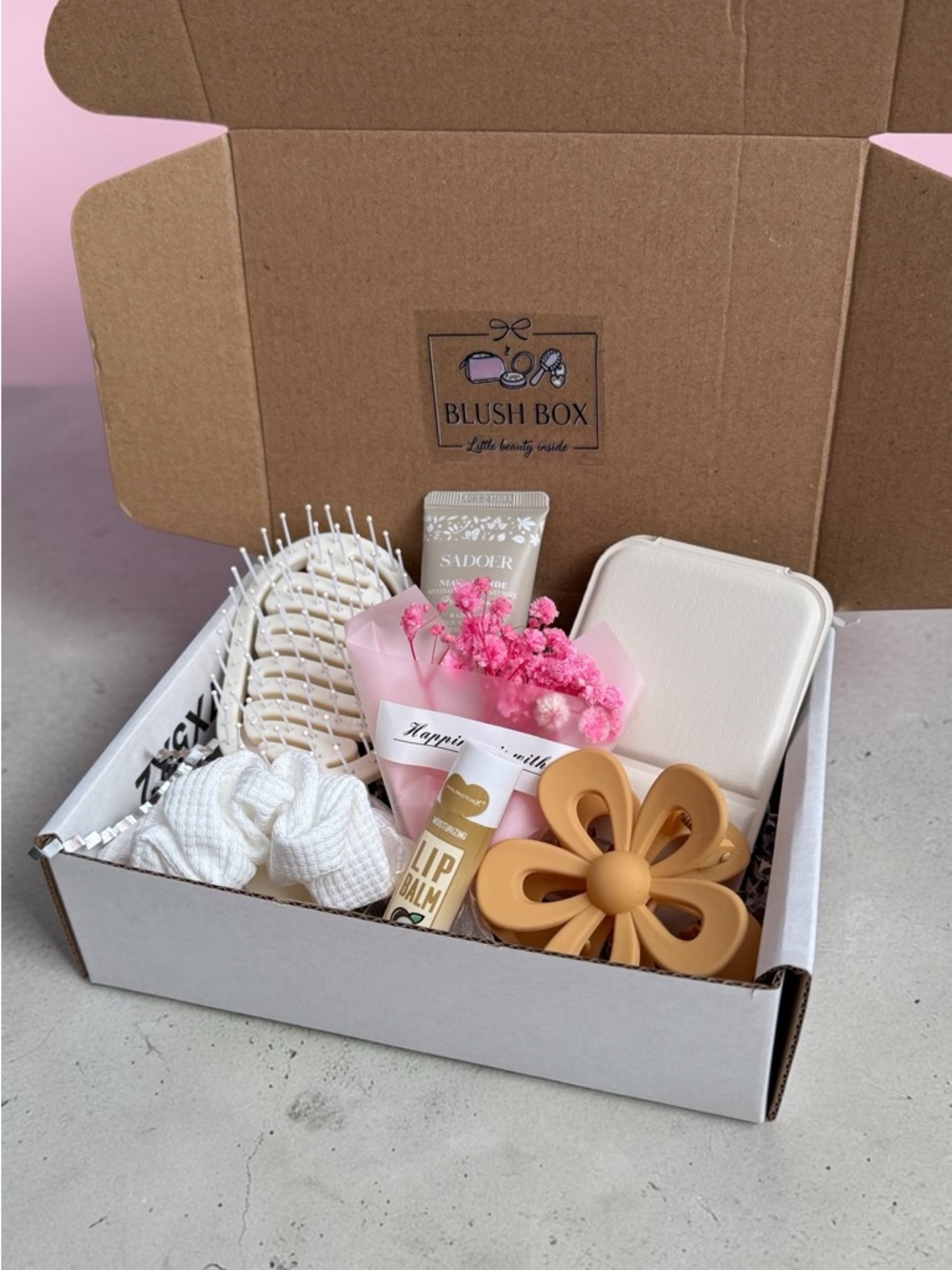 Blush Pink & Cream Women's Bath & Body Gift Box with Tan Flower Accessory